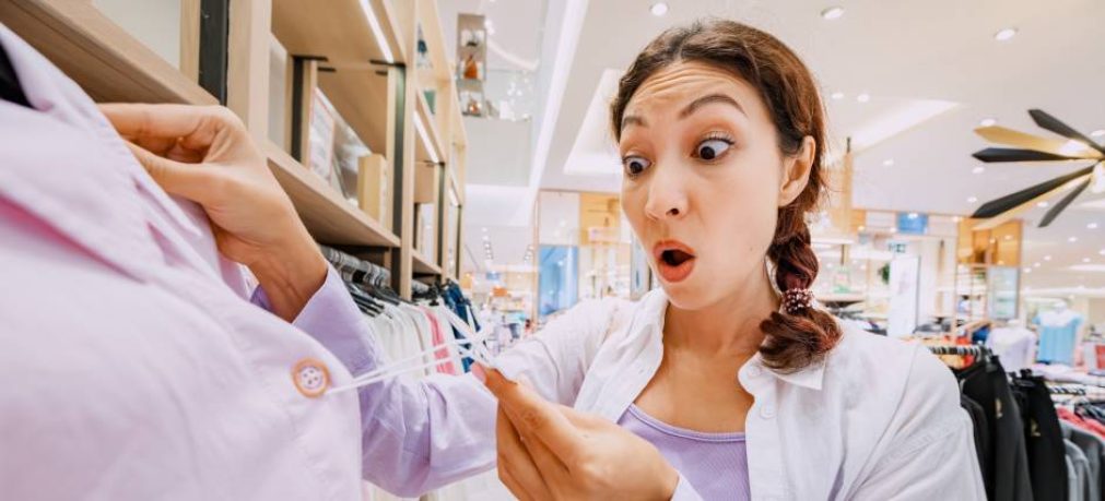 A surprised and shocked girl looks at the price tag of a shirt while shopping